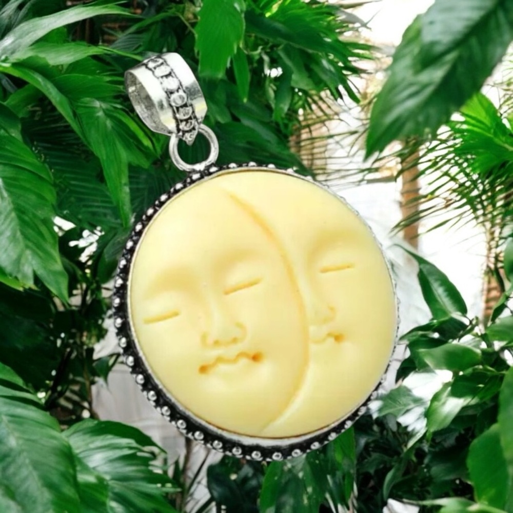 Carved Stone Sun and Moon Faces, Also called Twins 2.2" 925 Silver